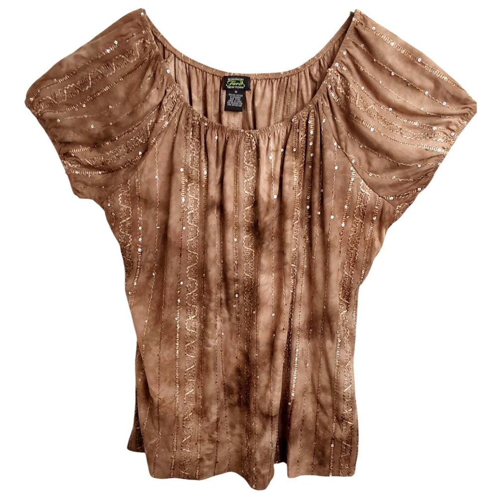SHANNON FORD Women's Blouse Top Brown Sequins Embroidery BOHO 3/4 Sleeve‎ - Size